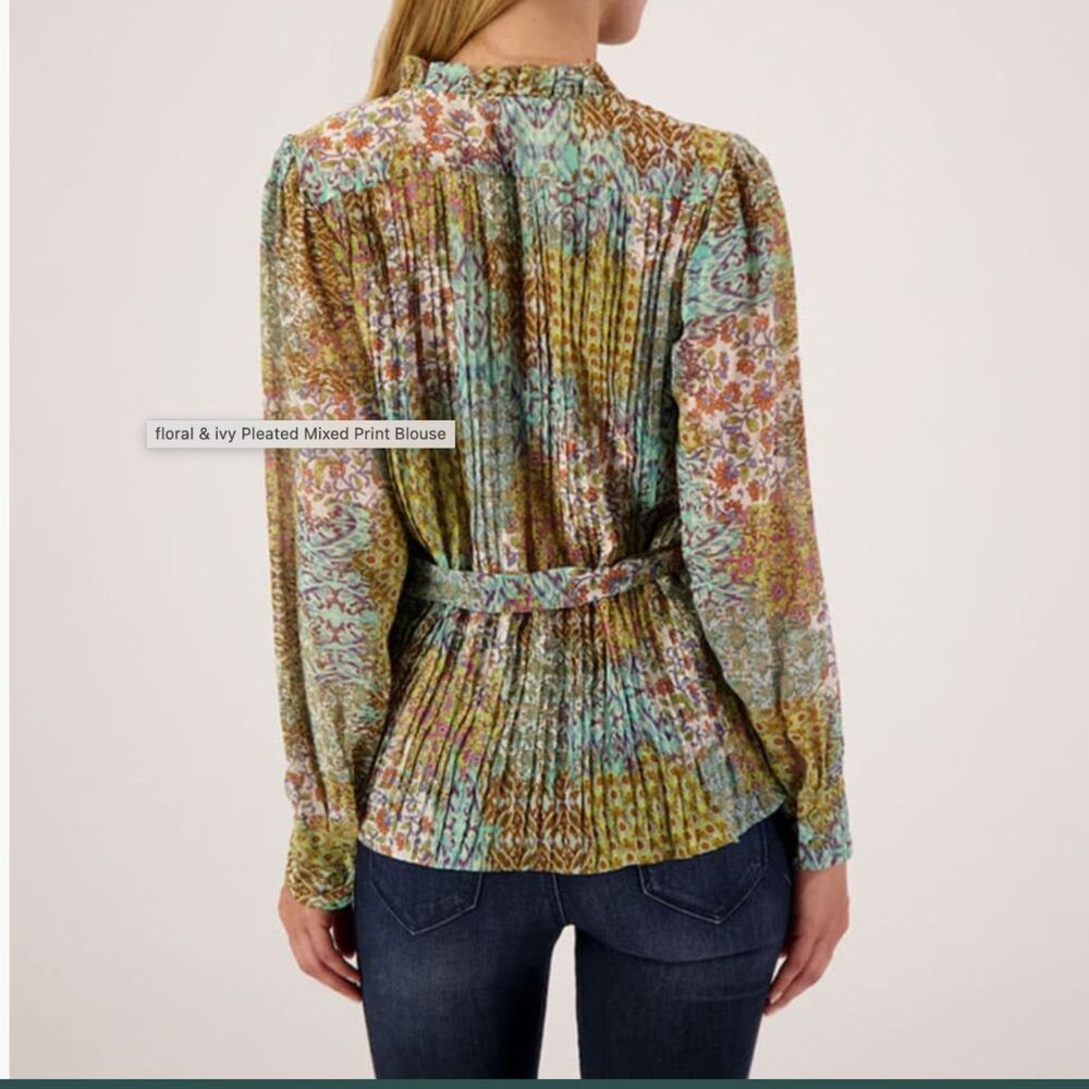 Floral & Ivy Pleated Belted Mixed Print Blouse drape flowy long sleeve Small - Picture 2 of 11